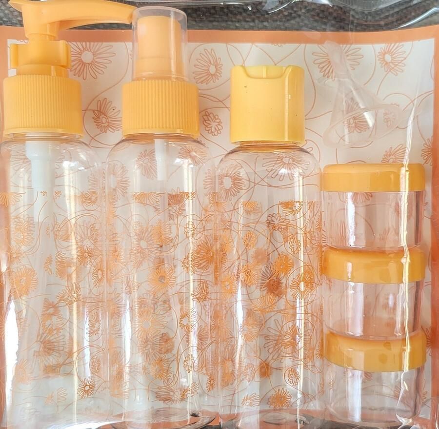 Navulbare reisflesjes en Potjes 7 Delig Navulflesjes oranje bloemetjes print hervulbaar Travel Lege Plastic Flesjes Lege Reisflesjes Reisetui Vliegtuig TravelSet Handbagage