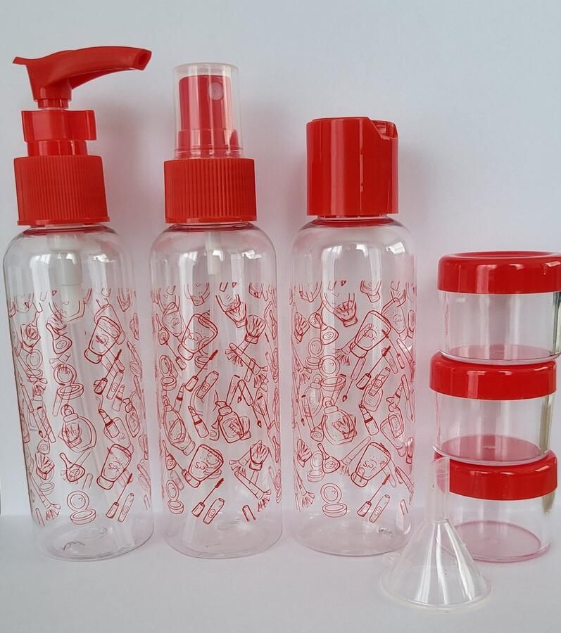Navulbare reisflesjes en Potjes rood 7 Delig Navulflesjes 100 ml 3 potjes 15 ml Reisetui Navulbaar Lege Plastic Flesjes Lege Reisflesjes Vliegtuig TravelSet Handbagage