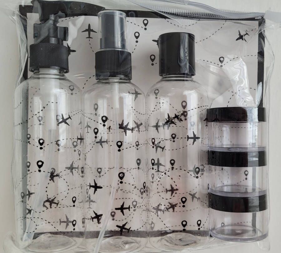 Navulbare reisflesjes en Potjes vliegtuigjes zwart 100 ml 7 Delig Navulflesjes Reisetui Navulbaar Travel Lege Plastic Flesjes Lege Reisflesjes Reisetui Vliegtuig TravelSet Handbagage