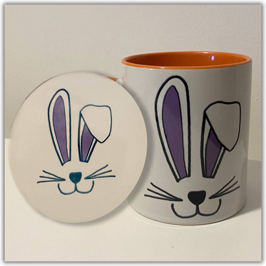 NB! Creative Boutique: Bunny Orange & Purple Coaster & Mug set Set van onderzetter & mok konijn oren