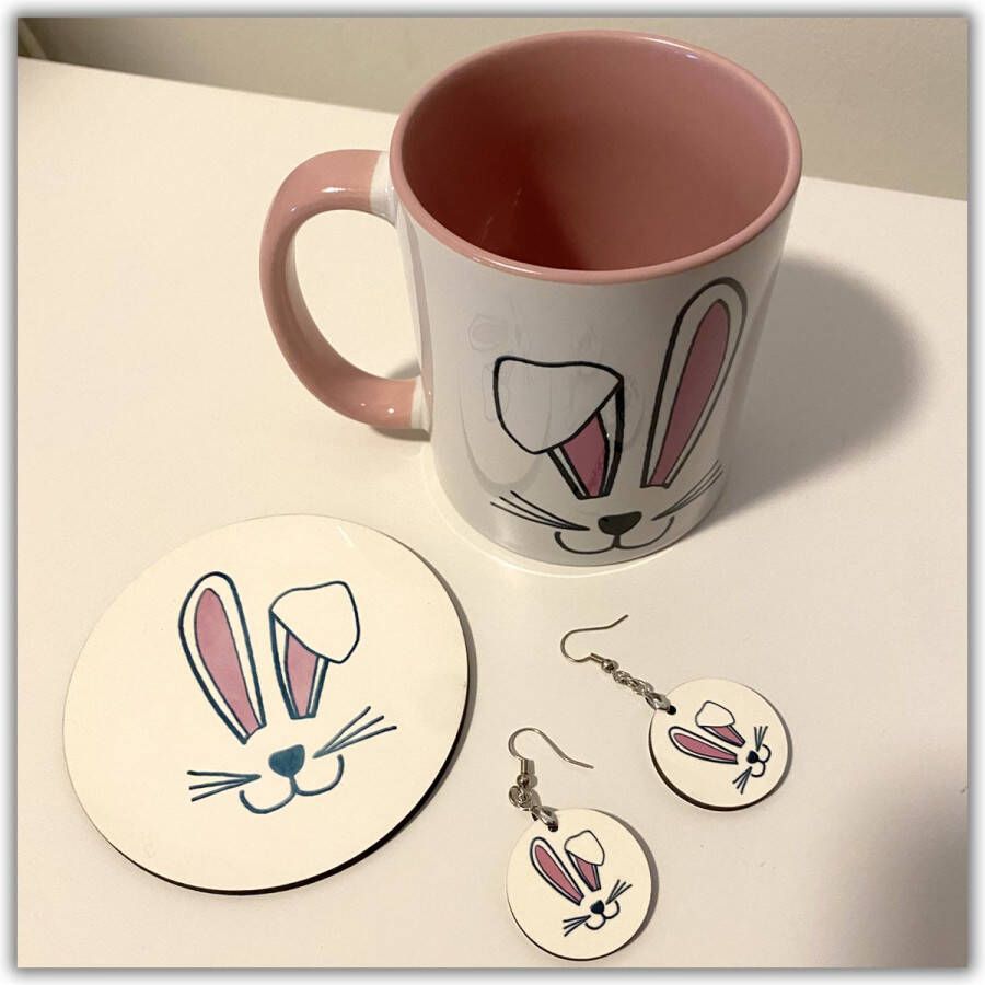 NB! Creative Boutique: Bunny Pink Coaster Mug & earrings set Set van onderzetter mok & oorbellen konijn oren