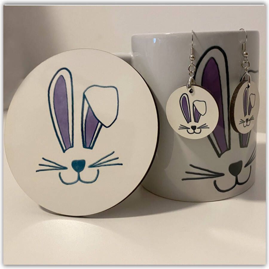NB! Creative Boutique: Bunny Purple Coaster Mug & earrings set Set van onderzetter mok & oorbellen konijn