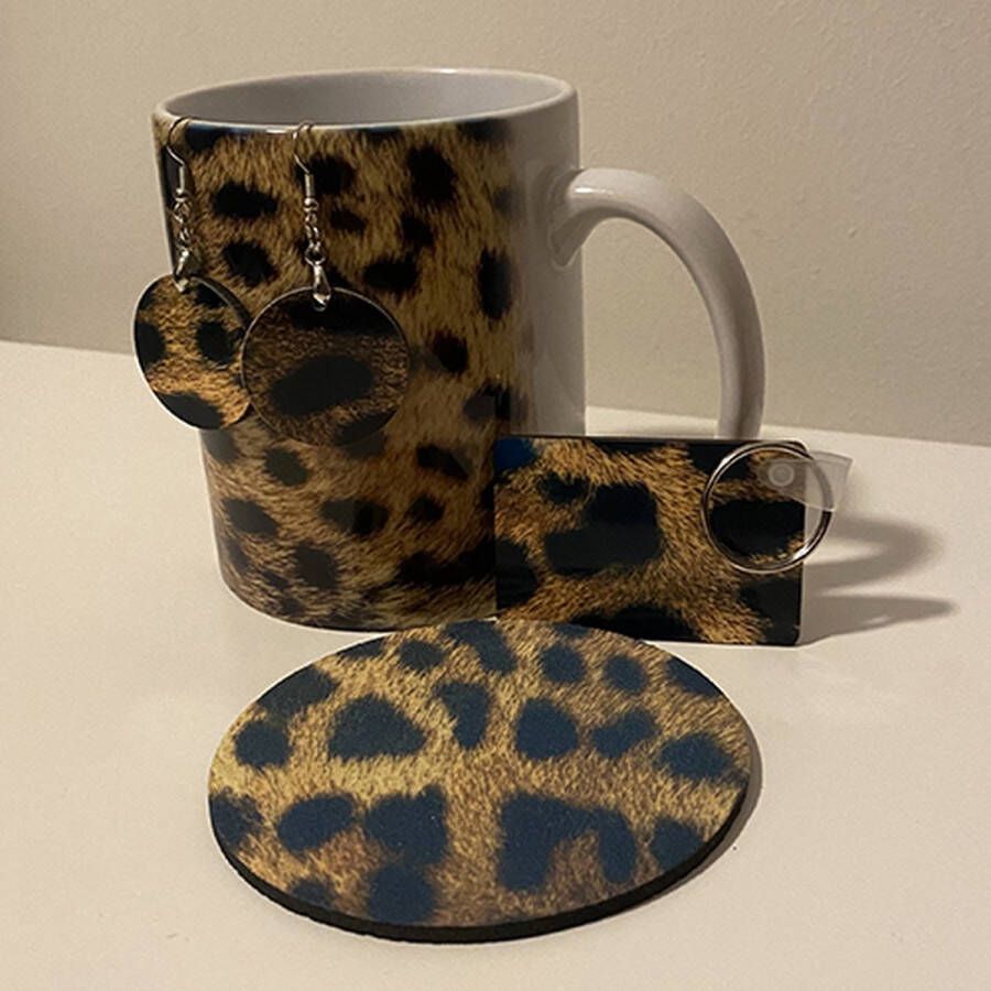 NB! Creative Boutique: Leopard skin Luipaardvel- Mug Keyring Earring & Coaster Set