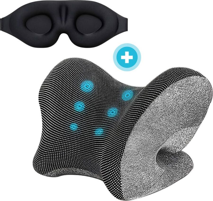 Neckstretcher Massagekussen Magnetisch Textiel Inclusief slaapmasker en Wasbare Hoes Nekklachten Hoofdpijn Zwart Nekpijn Zwart