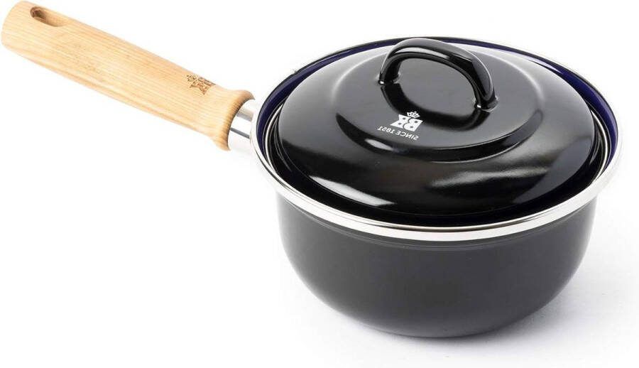 Nederlandse geëmailleerde steelpan met deksel 16cm 12 liter inductie- en ovenbestendig zwart