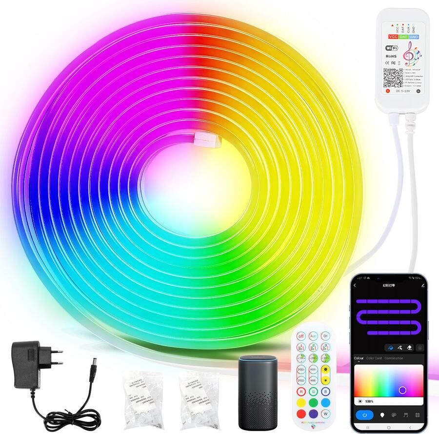 Neon LED Strip RGBIC 3 Meter 3535 Light strip IP65 Voor Buiten LED Verlichting- Met App En Afstandsbediening Smart LED-strip Volledig Dimbaar Compatible met Google Home Amazon Alexa En Siri