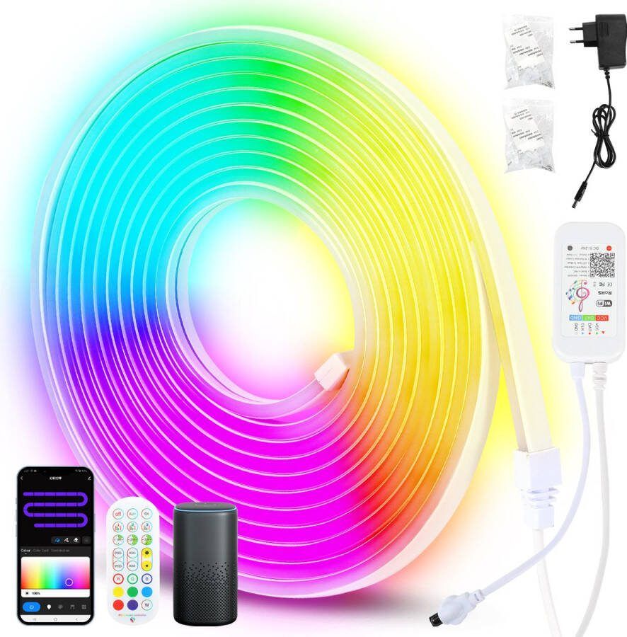 Neon LED Strip RGBIC 5 Meter 3535 Light strip IP65 Voor Buiten LED Verlichting- Met App En Afstandsbediening Smart LED-strip Volledig Dimbaar Compatible met Google Home Amazon Alexa En Siri