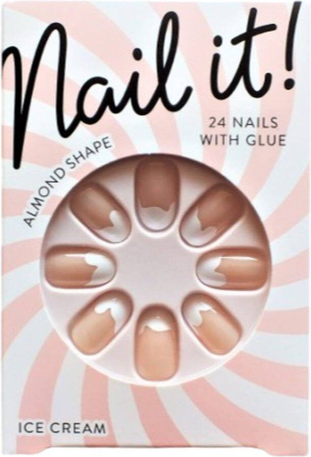 Nep Nagels Ice Cream Kunststof Roze Wit 24 Nagels met Lijm Almond Shape Plak nagels Kunstnagels nepnagels