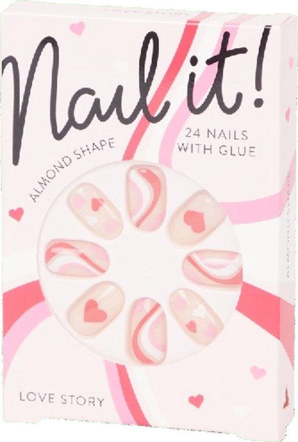 Nep Nagels Love story Kunststof Wit Rood Roze 24 Nagels met Lijm Almond Shape Plak nagels Kunstnagels