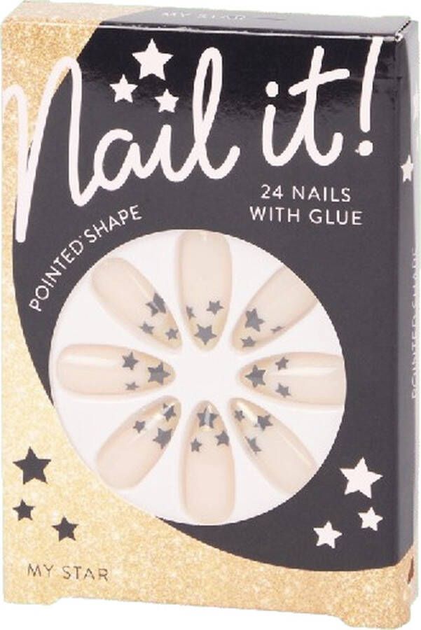 Nep Nagels My Star Kunststof Zwart Goud 24 Nagels met Lijm Pointed Shape Plak nagels Kunstnagels