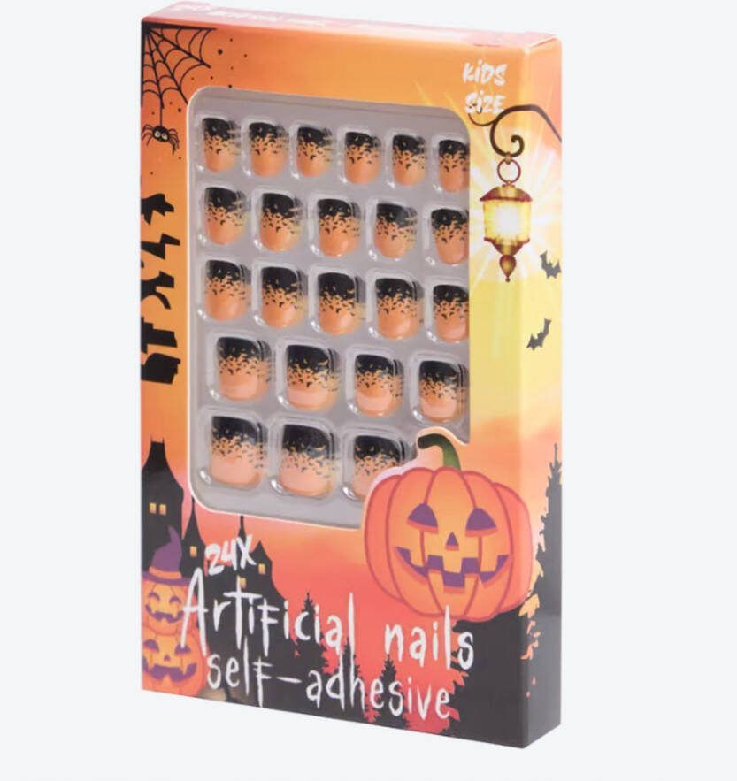 Nepnagels Halloween Kids Kunststof Oranje Zwart 24 Nagels met Lijm Almond Shape Plak nagels Kunstnagels nepnagels Voor kinderen Articicial Nails
