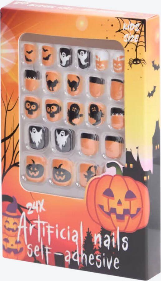 Nepnagels Halloween Kids Kunststof Oranje Zwart Spookjes 24 Nagels met Lijm Almond Shape Plak nagels Kunstnagels nepnagels Voor kinderen