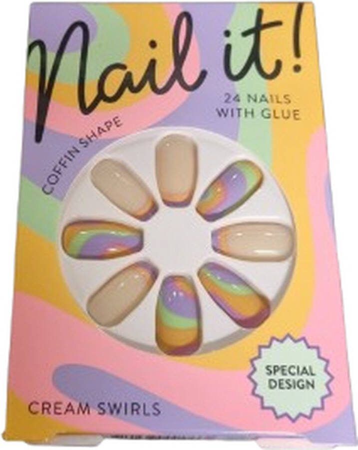 Nepnagels Kunststof Cream Swirls Paars Groen Oranje 24 Nagels met Lijm Coffin Shape Plak nagels Kunstnagels Cream Swirls 70s Psychedelic thema