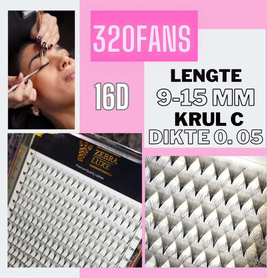 Nepwimpers BIG TRAY 16D mix 0.05 C krul Pre Made Volume Fans Russian volume Zebra Luxe wimperextensions pre-made fans XL tray C crul 320 fans