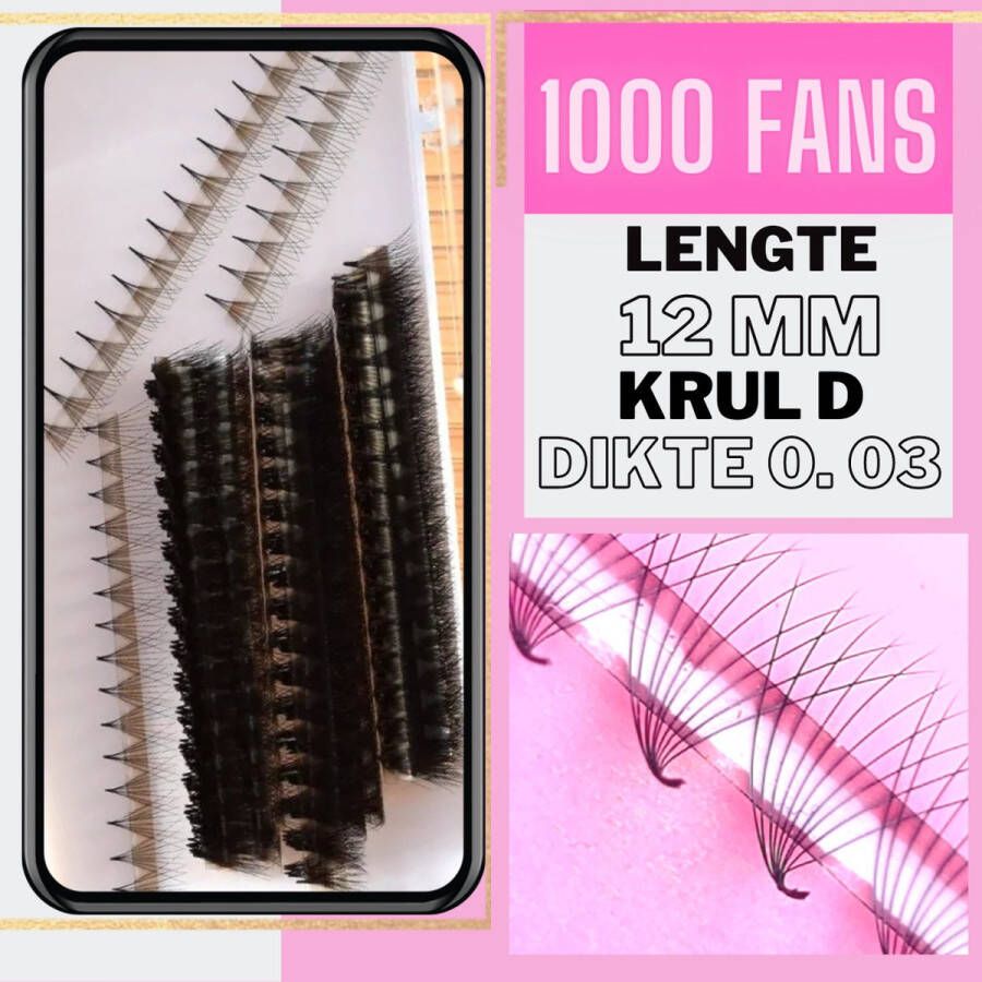 Pre Made 1000 Volume Fans incl. silicone pad ! Nepwimpers BIG TRAY 10D mix 0.03 D krul Lengte 12 mm Russian volume Zebra Luxe wimperextensions pre-made fans XL tray D crul 1000 fans