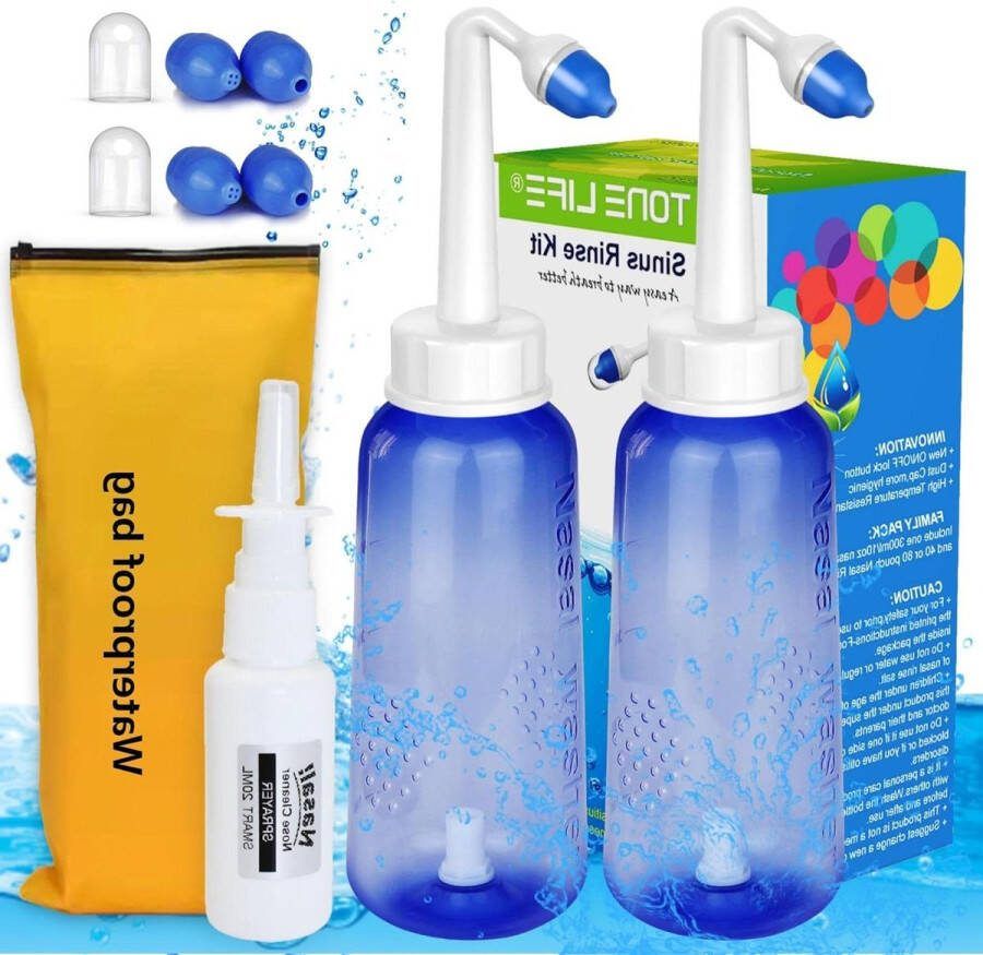 Neti Pot Sinus Spoel Kit 300ml 10oz 2 Stuks Fles + 4 Mondstuk Neusspray Neus Cleaner & Sinus Irrigatie Neussproeier Geblokkeerde Neus neusdouche
