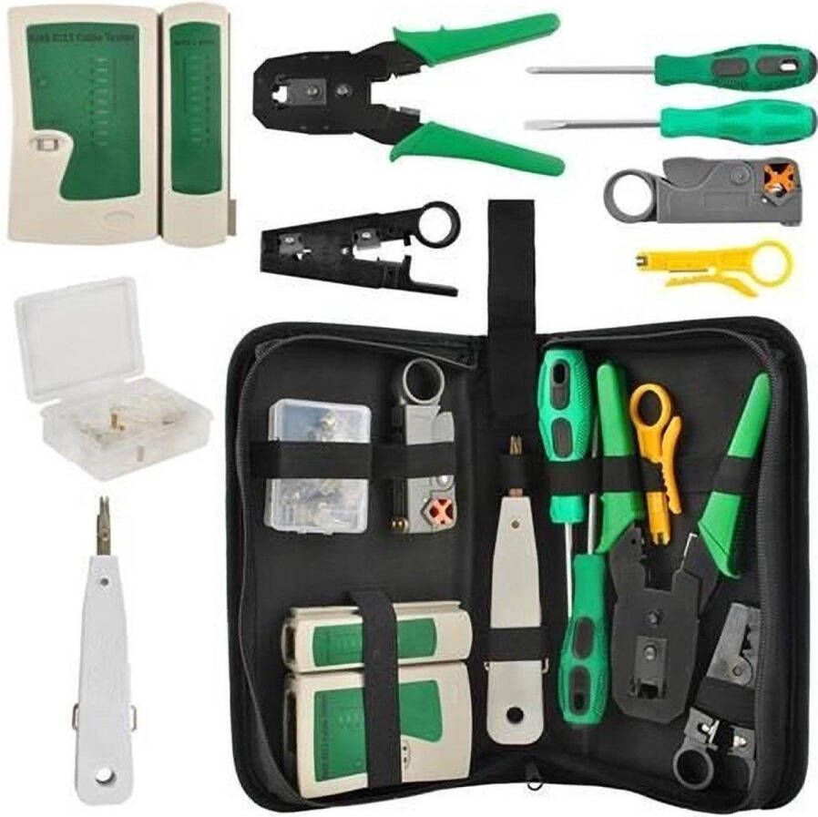 Netwerk Tester Set in etui- Kabeltester Met Krimptang & LSA tang RJ45 RJ12 RJ11 Cat5 Cat5e Cat6 UTP LAN