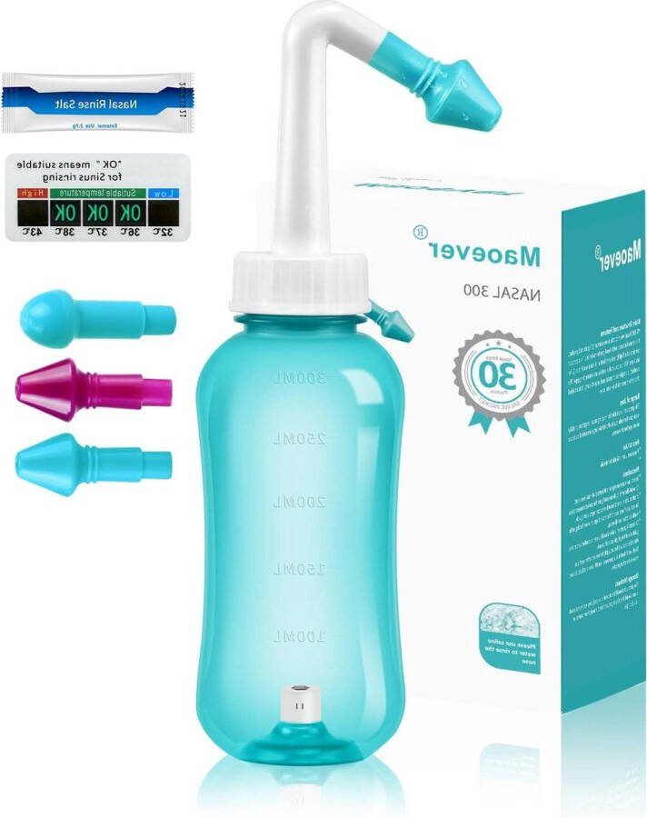 Neus Spoelfles voor Volwassenen & Kind 300 ML BPA Vrij Inclusief 30 Nasale Wassen Zout Pakketten en Thermometer Sticker neusdouche