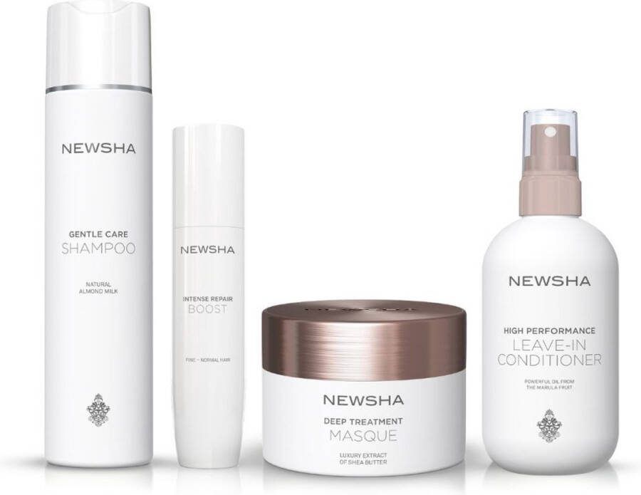 NEWSHA Beauty Secret Tegen Beschadigd Haar Set GENTLE CARE SHAMPOO 250ml + INTENSE REPAIR BOOST 75ml + DEEP TREATMENT MASQUE 150ml + HIGH PERFORMANCE LEAVE-IN CONDITIONER 250ml