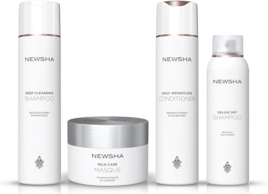 NEWSHA Beauty Secret Tegen Vettig Haar Set DAILY ROUTINE SHAMPOO 250ml + MILD CARE MASQUE 150ml + DELUXE DROOGSHAMPOO 250ml + Daily Weightless Conditioner