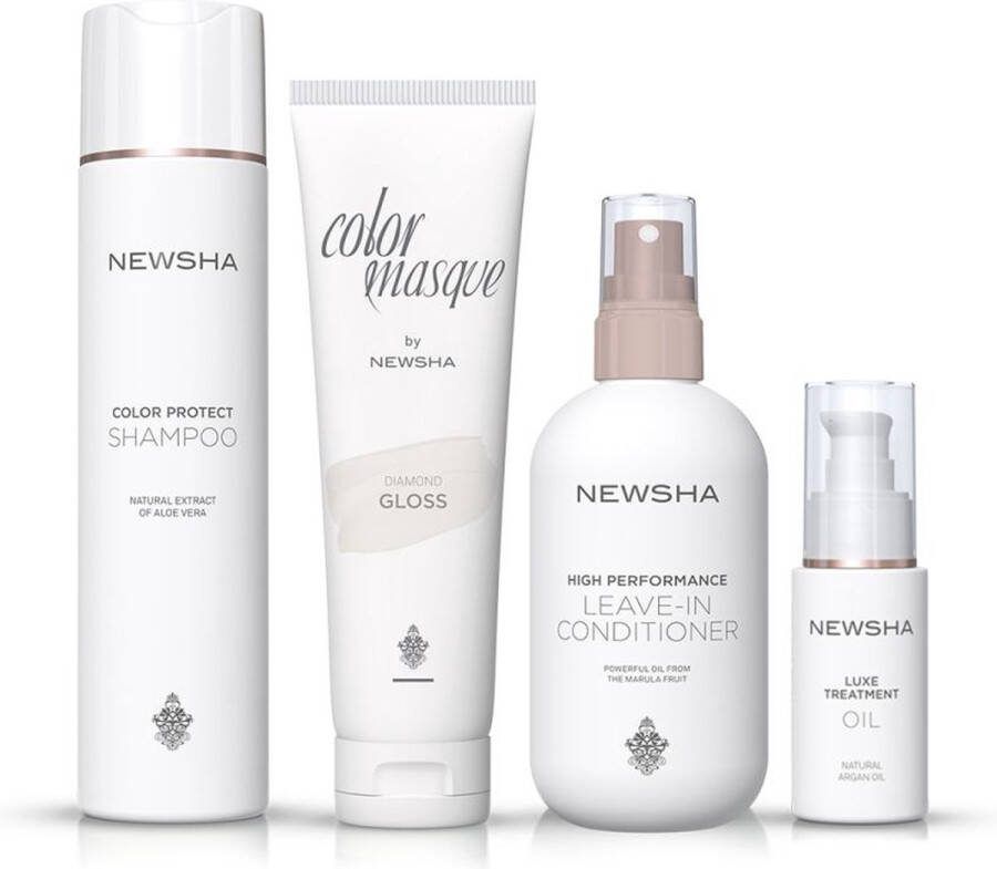 NEWSHA Beauty Secret Voor Gekleurd Haar Set COLOR PROTECT SHAMPOO 250ML + COLOR MASQUE DIAMOND GLOSS 150ML + HIGH PERFORMANCE LEAVE-IN CONDITIONER 250ml + LUXE BEHANDELINGSOLIE 30ML