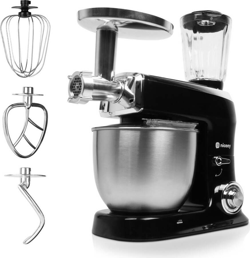 NICEEY Keukenmachine 3-in-1 Keukenrobot Foodprocessor 1500W RVS Mengkom (7 5L) Mixer met Garde Deeghaak Menghaak Incl Gehaktmolen en Blender Zwart