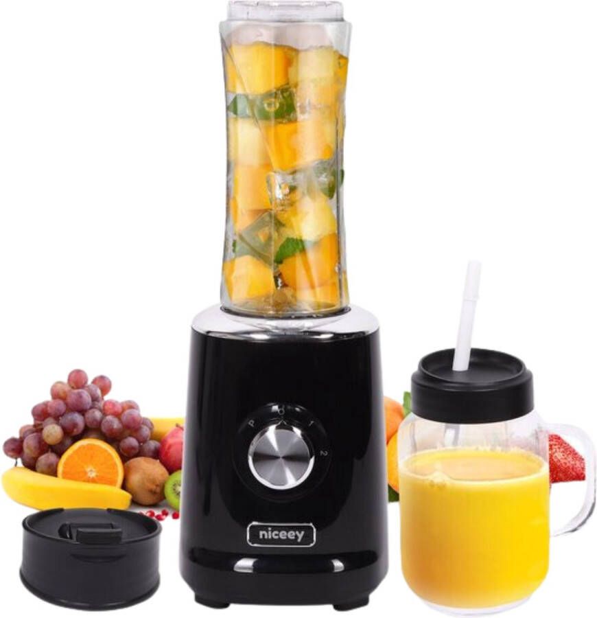 Niceey Mini Blender Smoothie Maker Blender Smoothie Juicer 500W met 2 To-Go Bekers Zwart