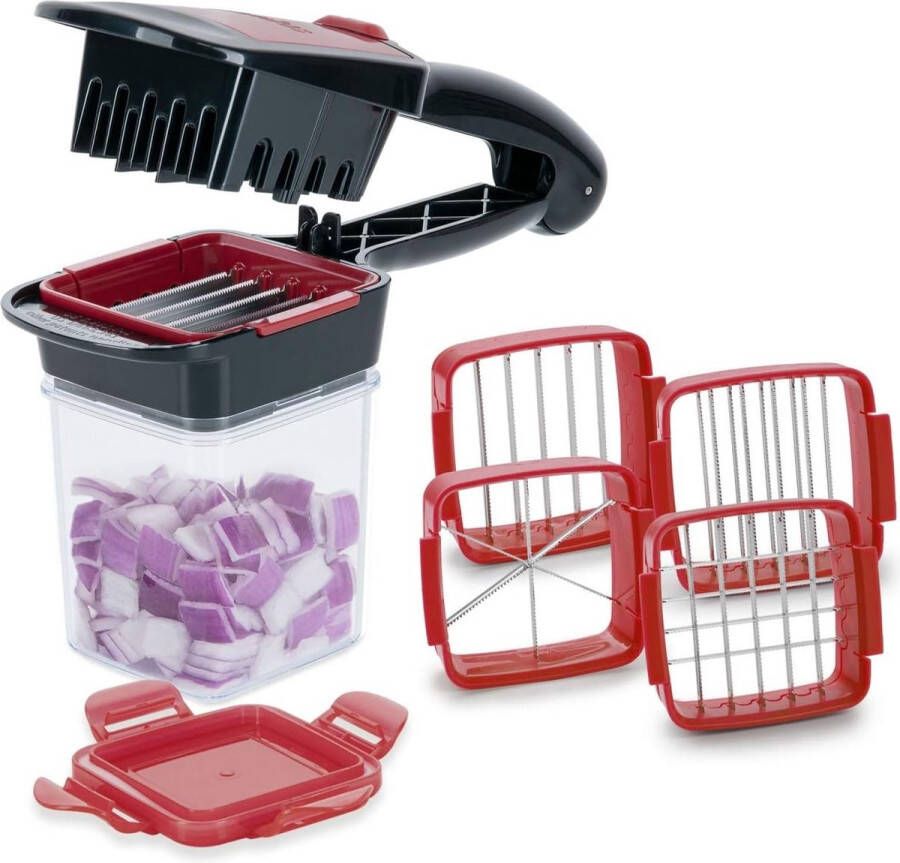 Nicer Dicer A27165 Quick XXL-set 7-delig de hakmolen met 3 verwisselbare mesinzetstukken en opvangbak 320 ml in handformaat 30 dobbelstenen of 10 schijven met één klik roestvrij staal rood