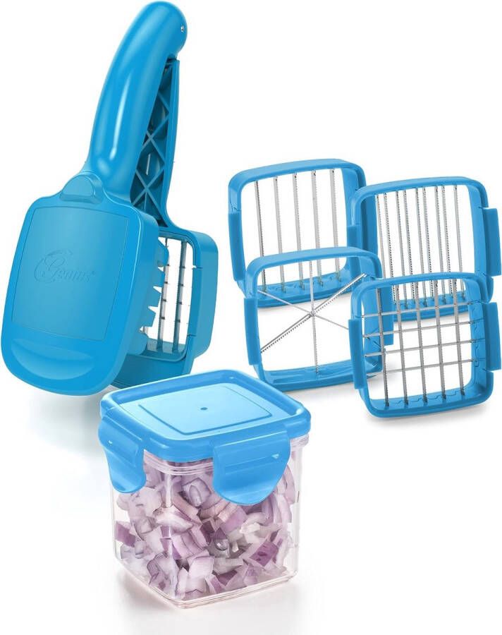 Nicer Dicer Quick 7-delige set blauw hakmolen voor groenten en fruit 5-in-1 multisnijder met verwisselbare mesinzetstukken 30 dobbelstenen of 10 schijven