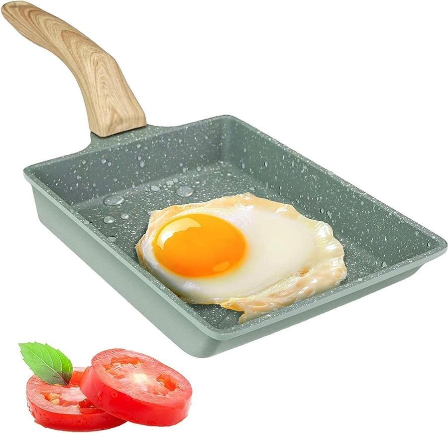 Niet-Stick Omelet Pan Japanse Stijl Gasfornuis en Inductie Rechthoek Mini Stone Coated Met Houten Handvat Vaatwasmachinebestendig Groen 20x15cm