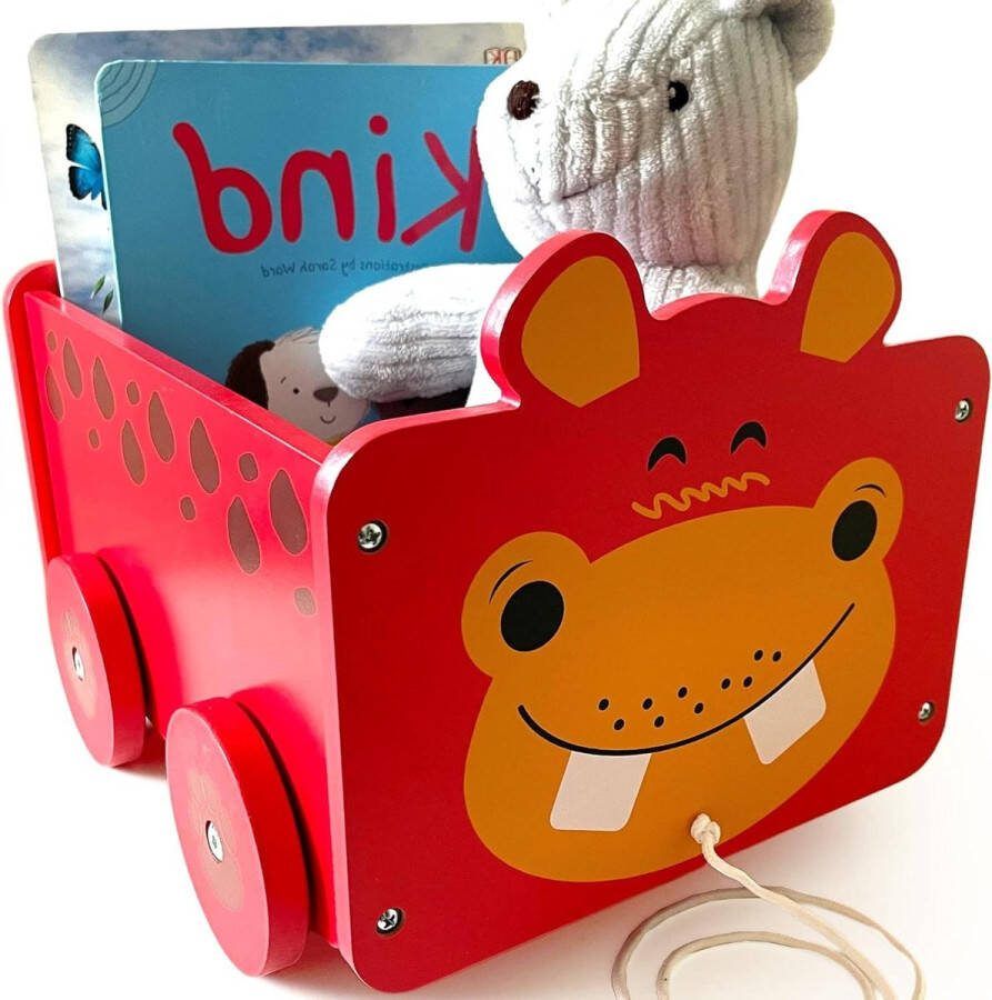 Nijlpaard houten speelgoedkist op wielen 2-in-1 trekwagen en opbergdoos voor kinderen kinderkamer of slaapkamer babykofferbak voor kinderspeelgoed spel of boekorganizer cadeaus
