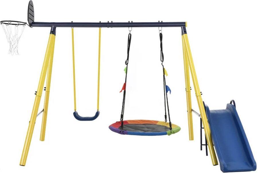 Nique Buitenspeeltuin kinderen Glijbaan Schommel Basketbalnet Buitenspeeltuin geel Buitenspeelgoed 3 tot 8 jaar