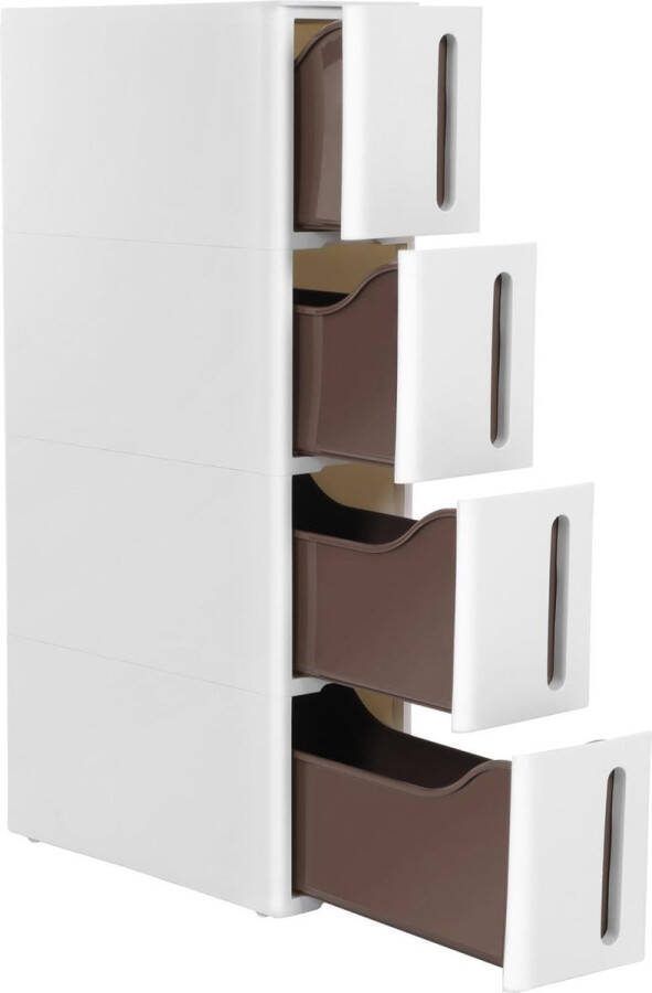 Nisrek met wielen smalle trolley met 4 lades Uitschuifbaar badkamerrek Keukenkast met wielen PP-kunststof Ruimtebesparend 45 5x17x84cm Wit-bruin KFR08WT