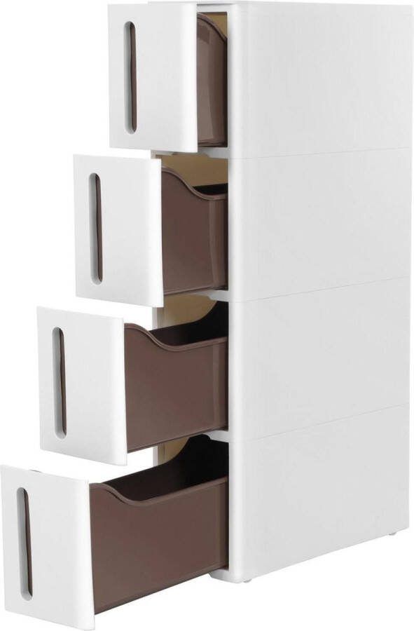 Nisrek smalle trolley met 4 lades Uitschuifbaar badkamerrek Keukenkast PP-kunststof Ruimtebesparend 455x17x84cm Wit-bruin