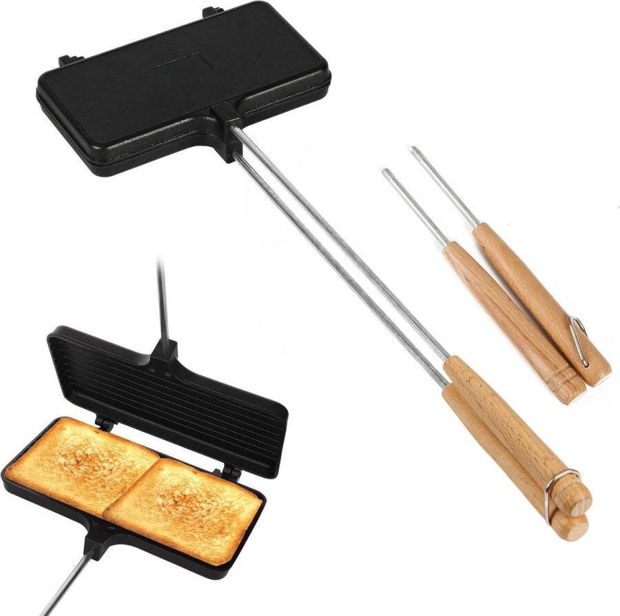 Non-Stick Dubbele Taartijzers voor Kamperen Gietijzer met 4 Afneembare Handgrepen Draagbaar Kampvuur-Sandwichmaker Bergtaartmaker Kampvuurkookapparatuur