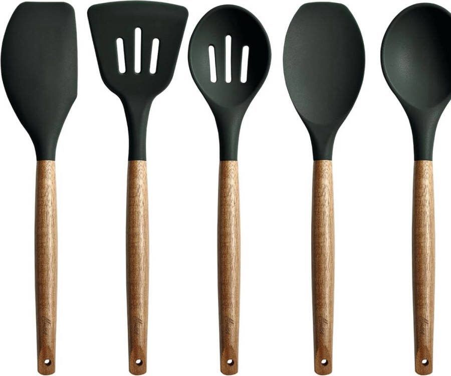 Non-Stick kookgerei met siliconen keukengerei set met natuurlijke acacia hard houten handvat 5 stuks groen BPA-vrij bakken en serveren houten kooklepel