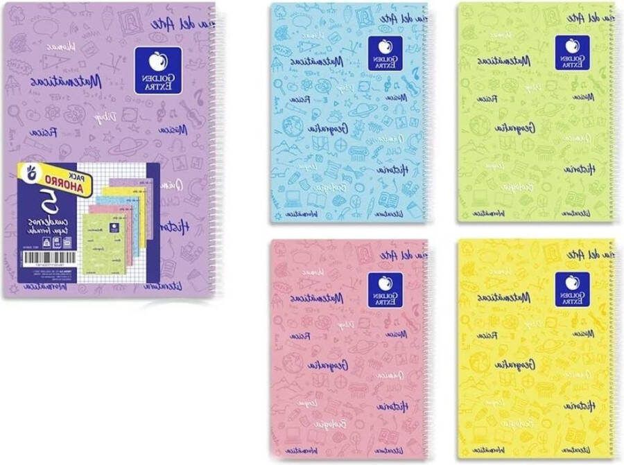 Notitieboeken pastel met goud vakken 5 stuks gevoerd deksel
