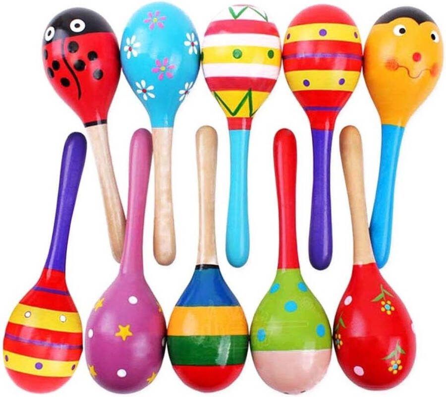 NUOBESTY 10 stuks hout Fiesta Maracas schattig dierenpatroon hand bel baby pieper zand hamer speelgoed voor Mexicaanse Fiesta muzikale party gunst (willekeurige kleur)