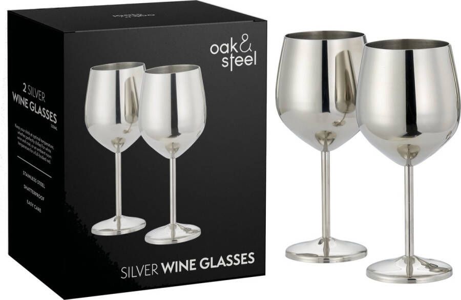 Oak & Steel 2 Zilveren Roestvrijstalen Wijnglazen 520 ml Wijnglazen voor Speciale Gelegenheden met Geschenkdoos