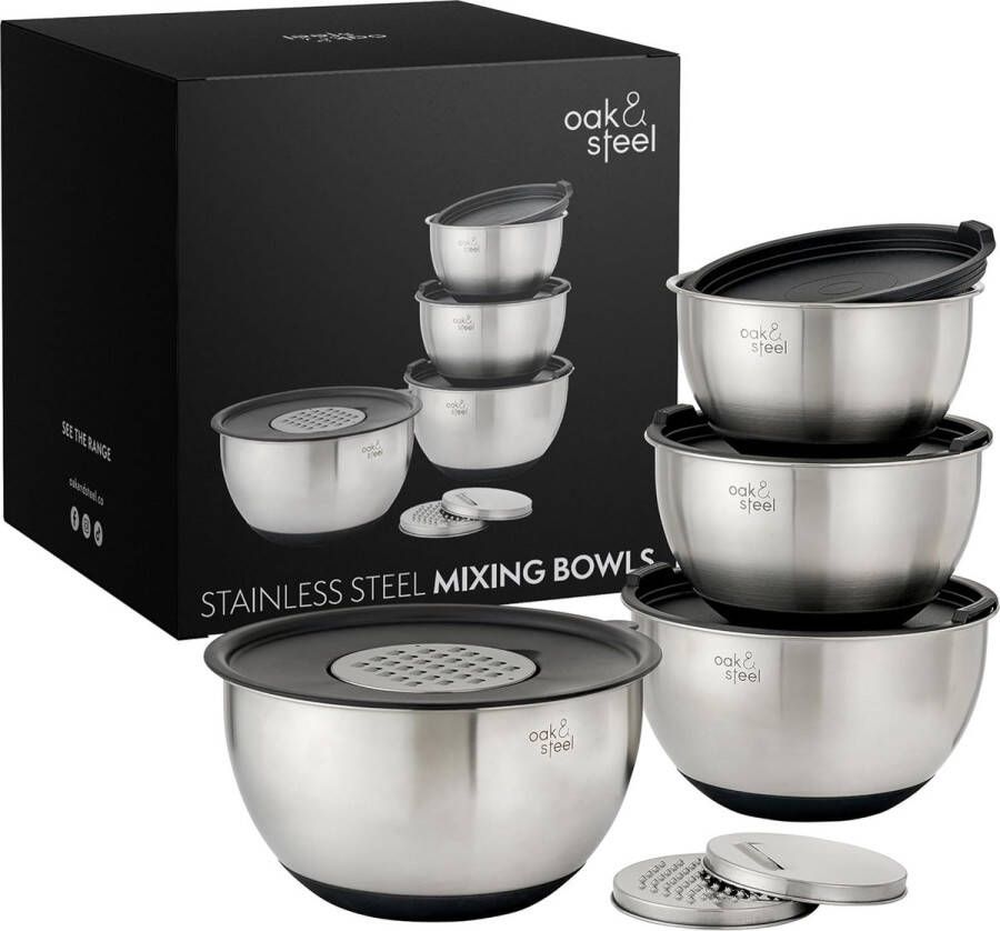 Oak & Steel 4 Roestvrijstalen Mengkommen Slakom Set met Antislip Bodem (4 5 l 3 5 l 2 5 l 2 l) 4 Luchtdichte Deksels en 3 Verstelbare Raspen Geschenkset