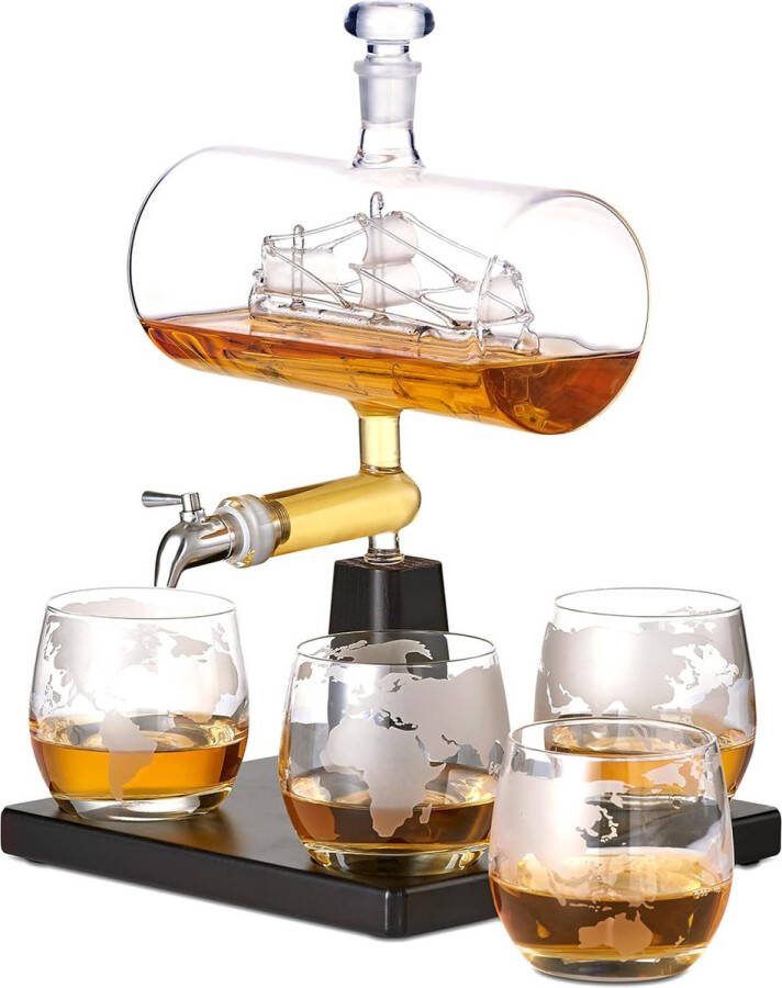 Oak & Steel Whisky Decanter (Sail Ship 1000ml) with Stainless Steel Faucet and 4 Whisky Glasses (300ml) Ideal Birthday and Christmas Gift for Men
