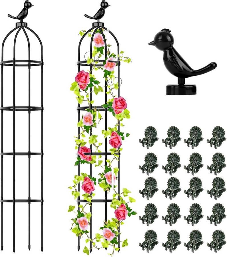 Obelisk Trellis 2 stuks Trellis Tuinplanten Trellis 145 cm Afneembaar rozenlatwerk met vogeldecoratie & 20 stuks Plantenklemmen voor bloemen en tomaten Klimplanten