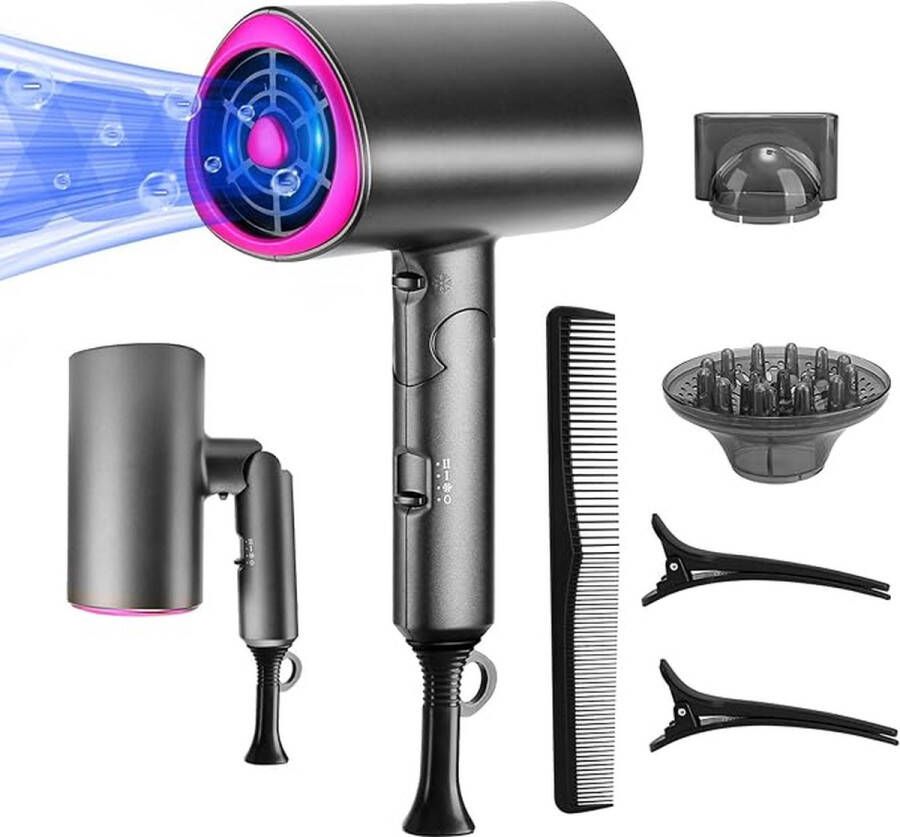 Ofessionele Haardroger 1800W met Diffuser en Stylingmondstuk 3 Warmte-Instellingen en 2 Snelheden Stille Licht en Opvouwbaar Reisföhn voor Salon Huishouden en Reizen