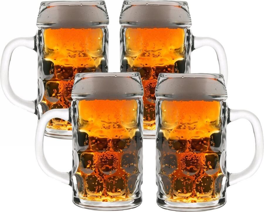 Oktoberfest Bierglazen Bierpullen 4x glas 1 liter met handvat het klassieke model