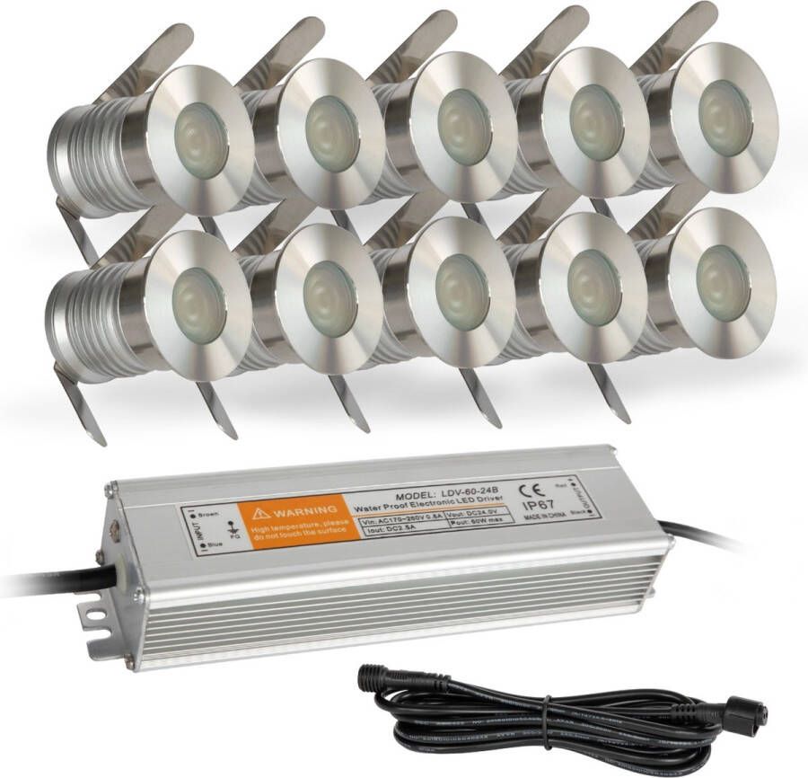 Lyslight Olan Grondspots Complete Set Tuinverlichting -''Buitenverlichting zonder gedoe''- 10 Aluminium RVS Spots Geen grondkabel nodig!!