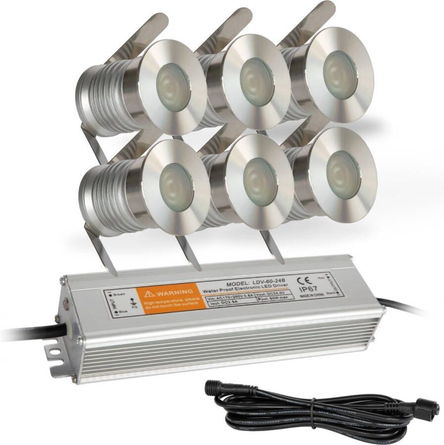 Lyslight Olan Grondspots Complete Set Tuinverlichting -''Buitenverlichting zonder gedoe''- 6 Aluminium RVS Spots Geen grondkabel nodig!!