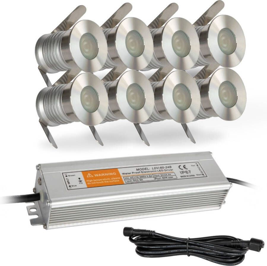 Lyslight Olan Grondspots Complete Set Tuinverlichting -''Buitenverlichting zonder gedoe''- 8 Aluminium RVS Spots Geen grondkabel nodig!!