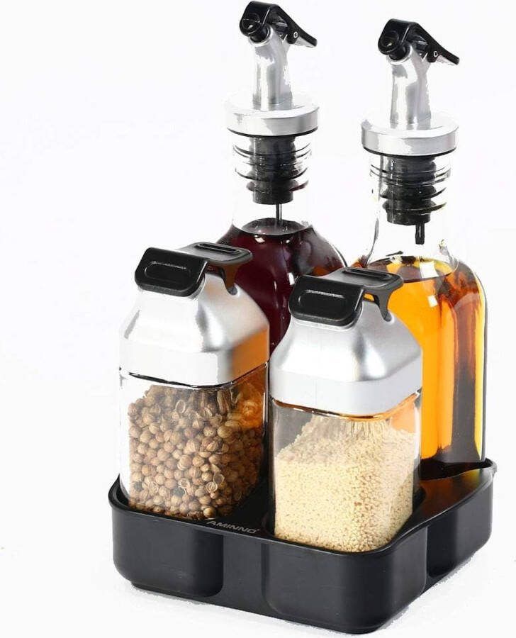 Olie azijnstel Luxe Olie- en Azijn SET met RVS schenktuit in houder Bestaande uit 1x Oliefles 1x Azijnfles van Glas & 2x Specerijen potjes Glazen Olijfolie fles Azijn fles Handige compacte houder voor olie & azijn voor op tafel of in de keuke