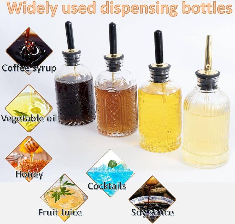 Olie en azijn dispenser set 4 stuks 200ml koffie siroop dispenser met metalen schenktuit voor koffiebar Kookolie azijn flessen hervulbaar voor keuken