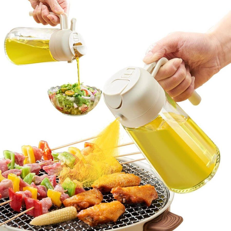 Olie spray fles Oliedispenser fles voor keuken 2-in-1 olijfolie sproeier en oliedispenser olie spuitfles 500 ml 17 oz voor koken keuken barbecue heteluchtfriteuse salade bakken (1 stuk wit)